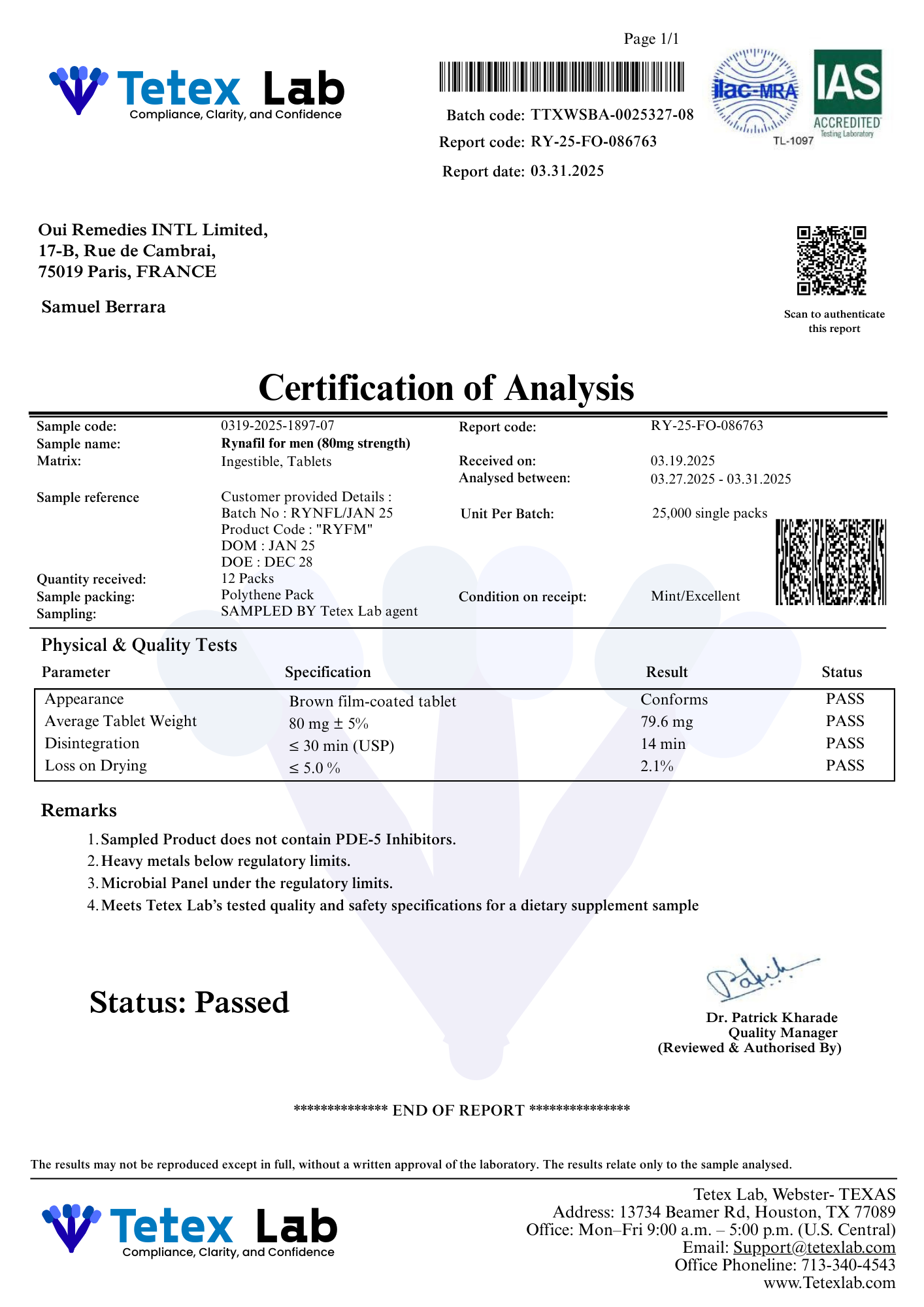 Tetex Lab COA page 1