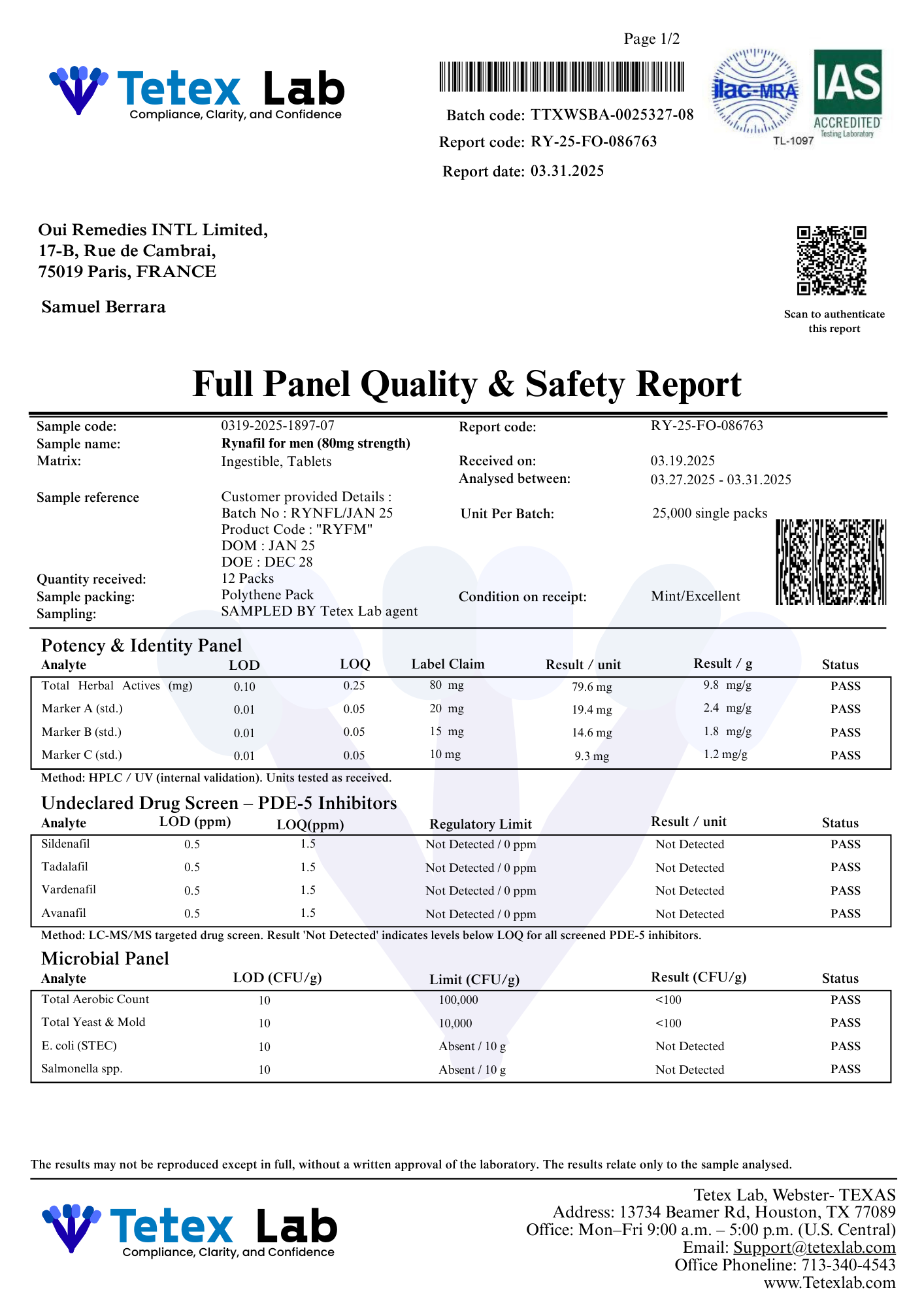 Tetex Lab COA page 2